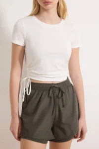 TRENDYOLMİLLA Ecru Shirred Binding Detailed Micro Material Knitting Sports T-Shirt - Image 3