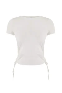 TRENDYOLMİLLA Ecru Shirred Binding Detailed Micro Material Knitting Sports T-Shirt - Image 5