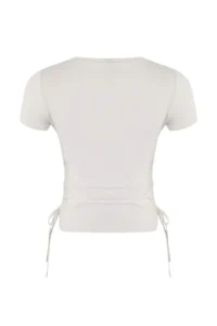 TRENDYOLMİLLA Ecru Shirred Binding Detailed Micro Material Knitting Sports T-Shirt - Image 7