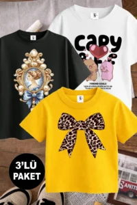 twins tailors Capybara and Mirror Girl Printed 3-Pack White-Black-Yellow Girls' T-Shirt