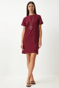 Happiness İstanbul Women's Claret Red Crew Neck Basic Crepe Dress - Image 2