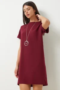 Happiness İstanbul Women's Claret Red Crew Neck Basic Crepe Dress - Image 3