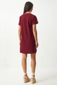 Happiness İstanbul Women's Claret Red Crew Neck Basic Crepe Dress - Image 5