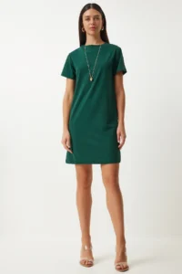 Happiness İstanbul Women's Emerald Green Crew Neck Basic Crepe Dress - Image 2