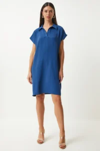Happiness İstanbul Women's Navy Blue Polo Neck Summer Loose Linen Ayrobin Dress