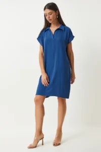 Happiness İstanbul Women's Navy Blue Polo Neck Summer Loose Linen Ayrobin Dress - Image 2