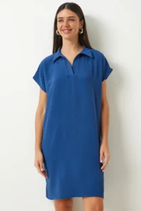 Happiness İstanbul Women's Navy Blue Polo Neck Summer Loose Linen Ayrobin Dress - Image 3