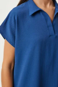 Happiness İstanbul Women's Navy Blue Polo Neck Summer Loose Linen Ayrobin Dress - Image 4