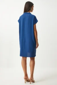 Happiness İstanbul Women's Navy Blue Polo Neck Summer Loose Linen Ayrobin Dress - Image 5