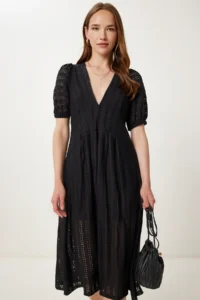 Happiness İstanbul Women Black Cellular Summer Midi Knitting Dress - Image 2