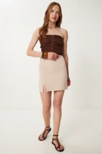 Happiness İstanbul Women Cream slit Mini Weaving Skirt