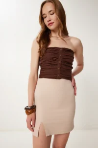 Happiness İstanbul Women Cream slit Mini Weaving Skirt - Image 2