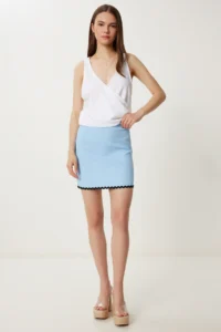 Happiness İstanbul Women's Sky Blue Contrast Stitched Mini Woven Skirt - Image 2