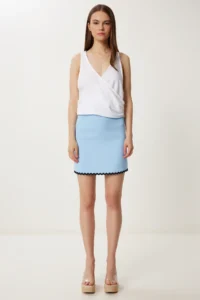 Happiness İstanbul Women's Sky Blue Contrast Stitched Mini Woven Skirt - Image 3