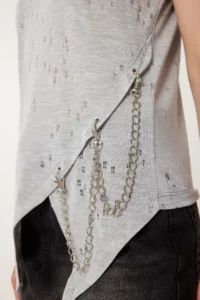 Happiness İstanbul Women's Gray Melange Metal Accessory Ripped Detailed Knitted T-Shirt - Image 3