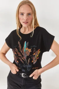 Olalook Women Black Furry Printed T-Shirt - Image 2