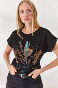Olalook Women Black Furry Printed T-Shirt - Image 3