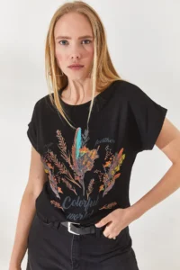 Olalook Women Black Furry Printed T-Shirt - Image 4