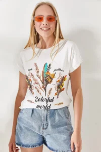 Olalook Women Ecru Hairy Printed T-shirt - Image 2