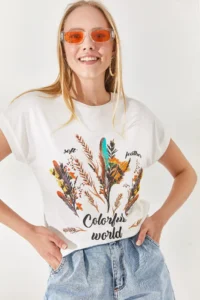 Olalook Women Ecru Hairy Printed T-shirt - Image 3