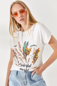 Olalook Women Ecru Hairy Printed T-shirt - Image 4
