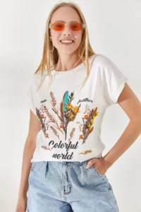 Olalook Women Ecru Hairy Printed T-shirt - Image 5