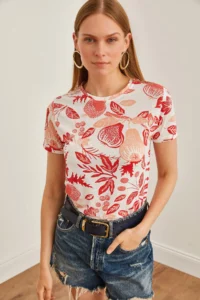 Olalook Women's Coral Blue Floral Printed T-Shirt - Image 2