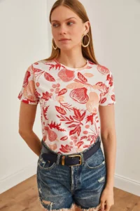 Olalook Women's Coral Blue Floral Printed T-Shirt - Image 3