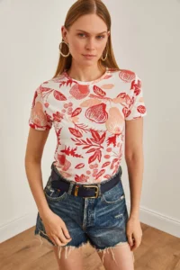 Olalook Women's Coral Blue Floral Printed T-Shirt - Image 4