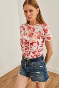 Olalook Women's Coral Blue Floral Printed T-Shirt - Image 5