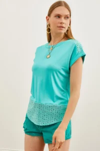 Olalook Women's Mint Green Guipure Detailed T-Shirt