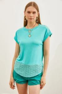 Olalook Women's Mint Green Guipure Detailed T-Shirt - Image 2