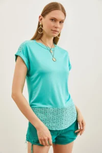 Olalook Women's Mint Green Guipure Detailed T-Shirt - Image 3