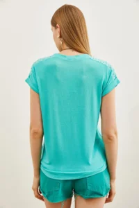 Olalook Women's Mint Green Guipure Detailed T-Shirt - Image 5