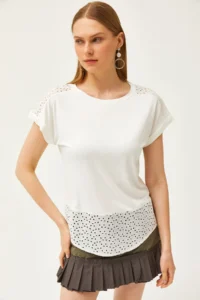 Olalook Women White Guipure Detailed T-shirt - Image 2