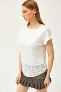 Olalook Women White Guipure Detailed T-shirt - Image 3
