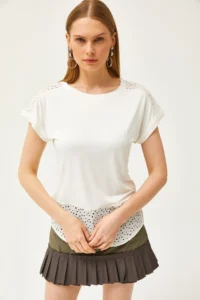 Olalook Women White Guipure Detailed T-shirt - Image 4