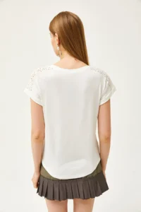 Olalook Women White Guipure Detailed T-shirt - Image 5