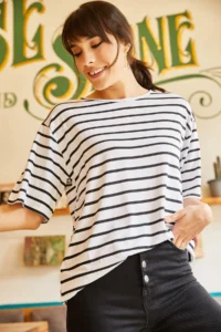 Olalook Women White Striped Casual T-shirt - Image 2