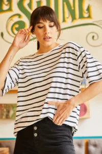 Olalook Women White Striped Casual T-shirt - Image 3