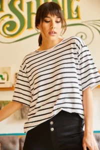 Olalook Women White Striped Casual T-shirt - Image 4