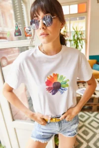 Olalook Women White Flower Printed T-shirt - Image 2