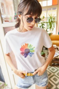 Olalook Women White Flower Printed T-shirt - Image 3