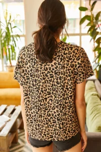 Olalook Women's Beige Leopard Corded Knitted Crop T-Shirt - Image 4