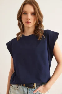 Olalook Women's Navy Blue Armpit Piece Bat T-Shirt