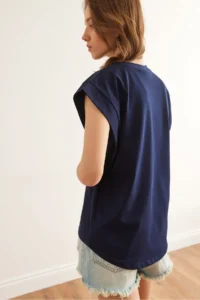 Olalook Women's Navy Blue Armpit Piece Bat T-Shirt - Image 2
