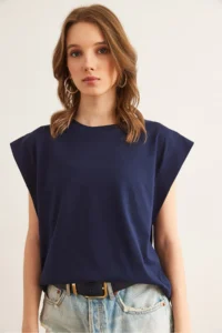 Olalook Women's Navy Blue Armpit Piece Bat T-Shirt - Image 3