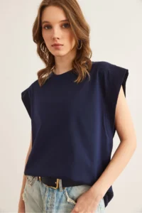 Olalook Women's Navy Blue Armpit Piece Bat T-Shirt - Image 4