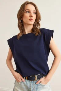 Olalook Women's Navy Blue Armpit Piece Bat T-Shirt - Image 5