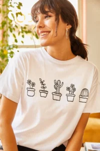 Olalook Women White Cactus Printed T-shirt